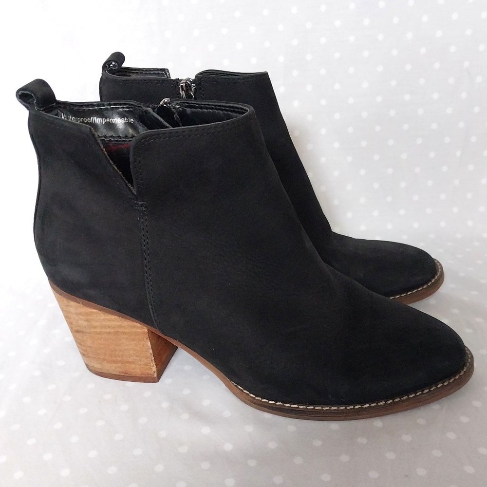Blondo Norma Black Suede Waterproof Block Heel Ankle Bootie w/Side Zip Closure